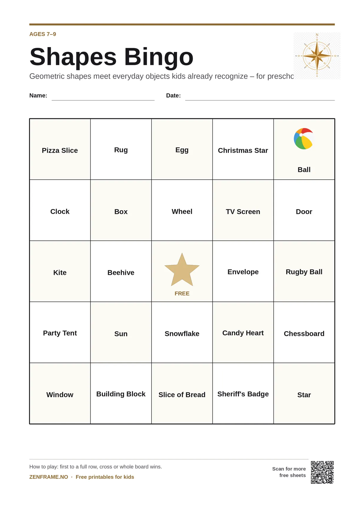 Shapes Bingo for kids ages 7–9 – free printable A4 board