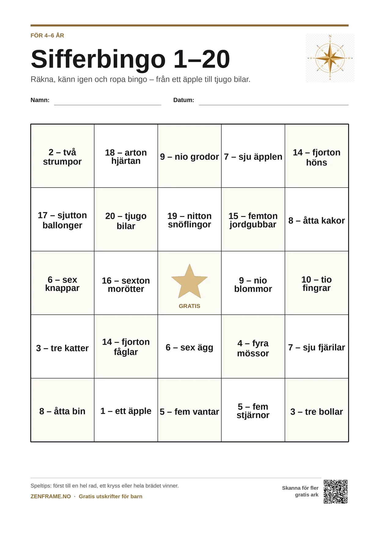 Sifferbingo 1–20 för barn 4–6 år – gratis utskrivbart A4-bräde