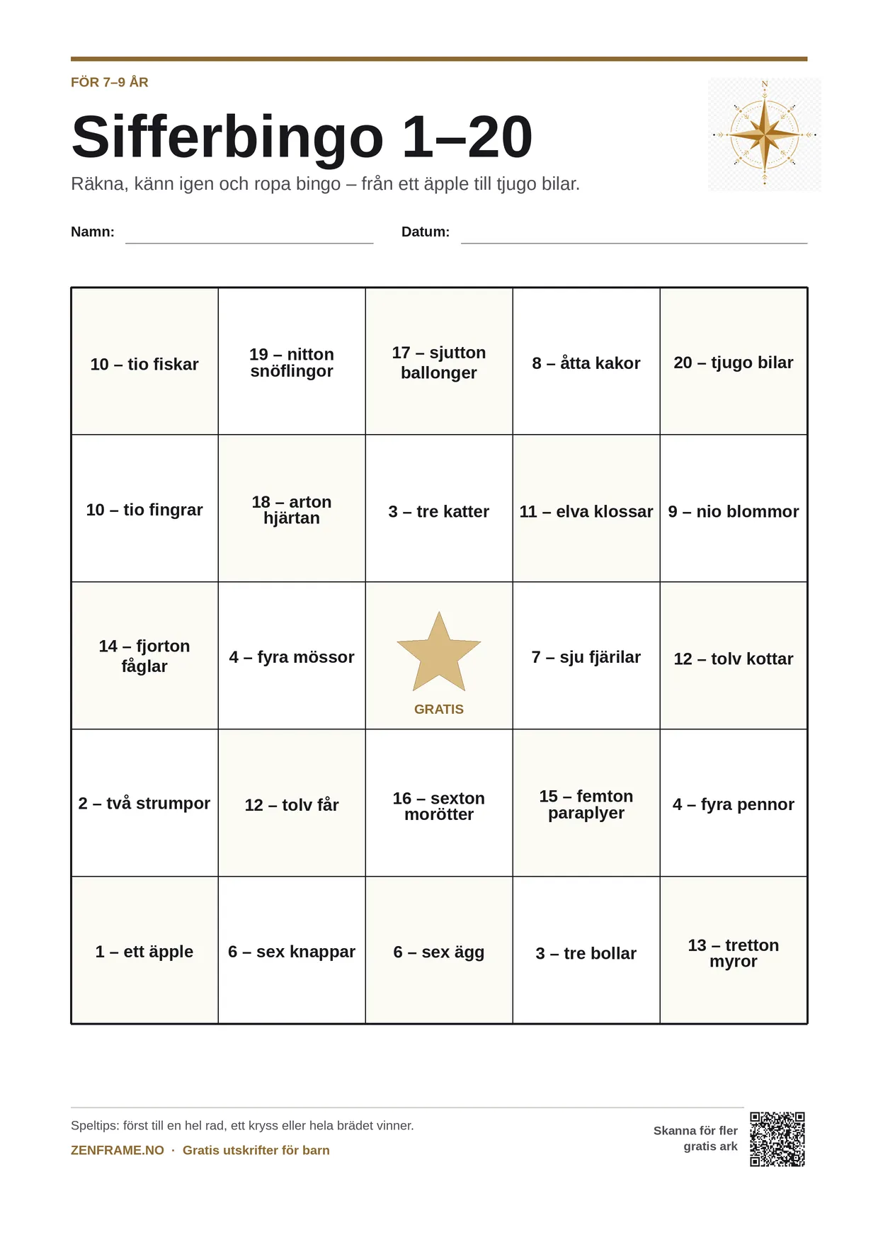 Sifferbingo 1–20 för barn 7–9 år – gratis utskrivbart A4-bräde
