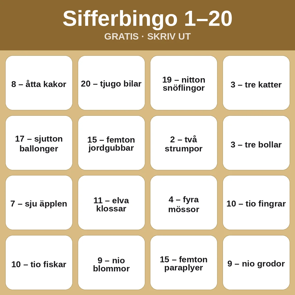 Sifferbingo 1–20 – gratis bingo att skriva ut för barn
