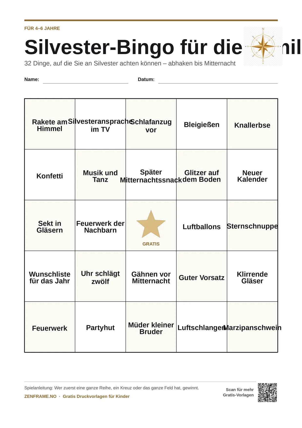 Silvester-Bingo für die Familie für Kinder 4–6 Jahre – kostenlose A4-Vorlage zum Ausdrucken