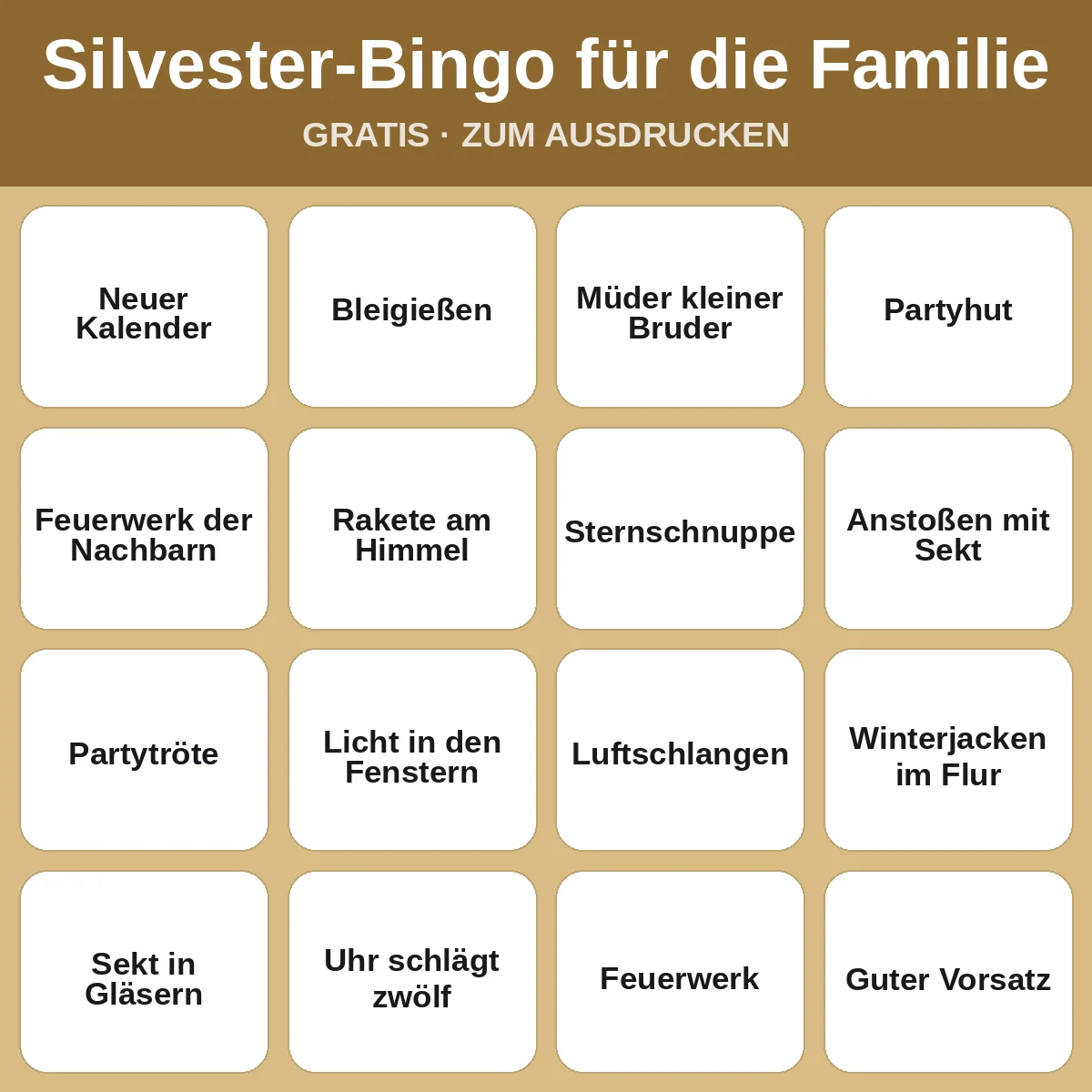 Silvester-Bingo für die Familie – kostenloses Bingo zum Ausdrucken für Kinder