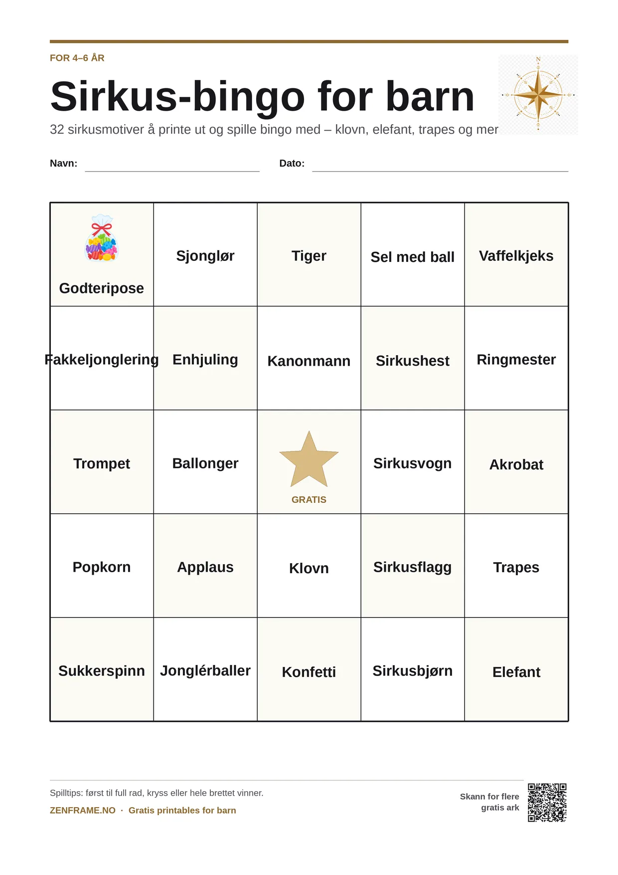 Sirkus-bingo for barn 4–6 år – gratis utskrivbart A4-brett