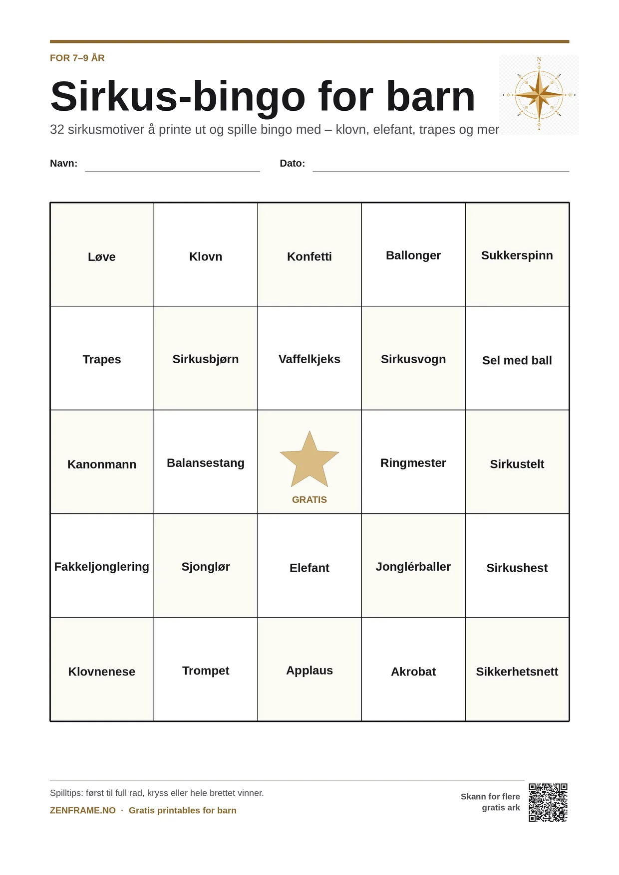 Sirkus-bingo for barn 7–9 år – gratis utskrivbart A4-brett