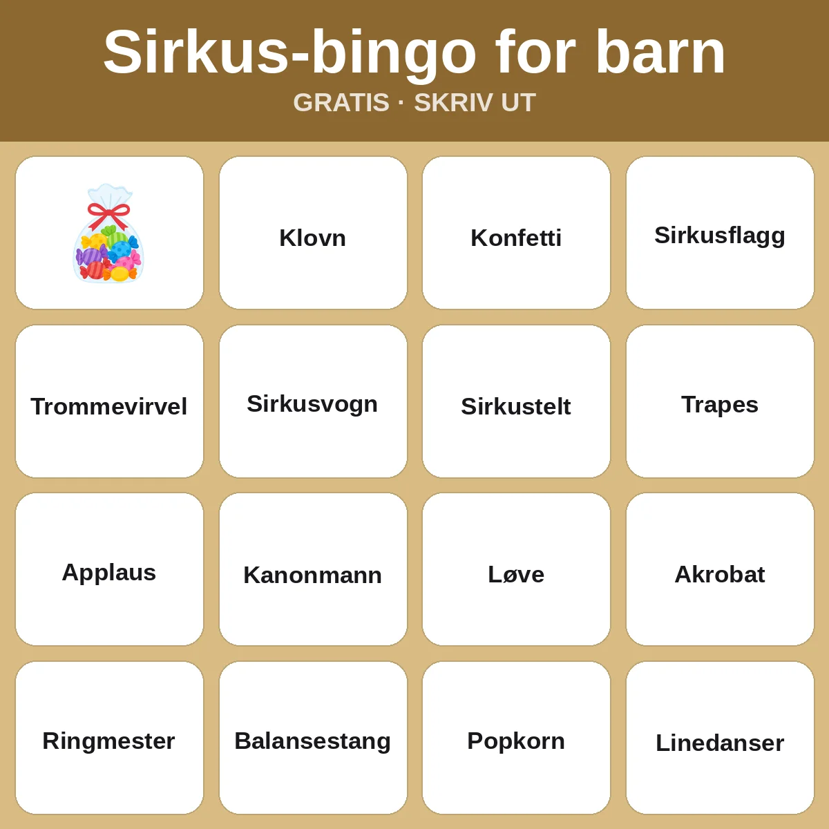 Sirkus-bingo for barn – gratis bingo til utskrift for barn