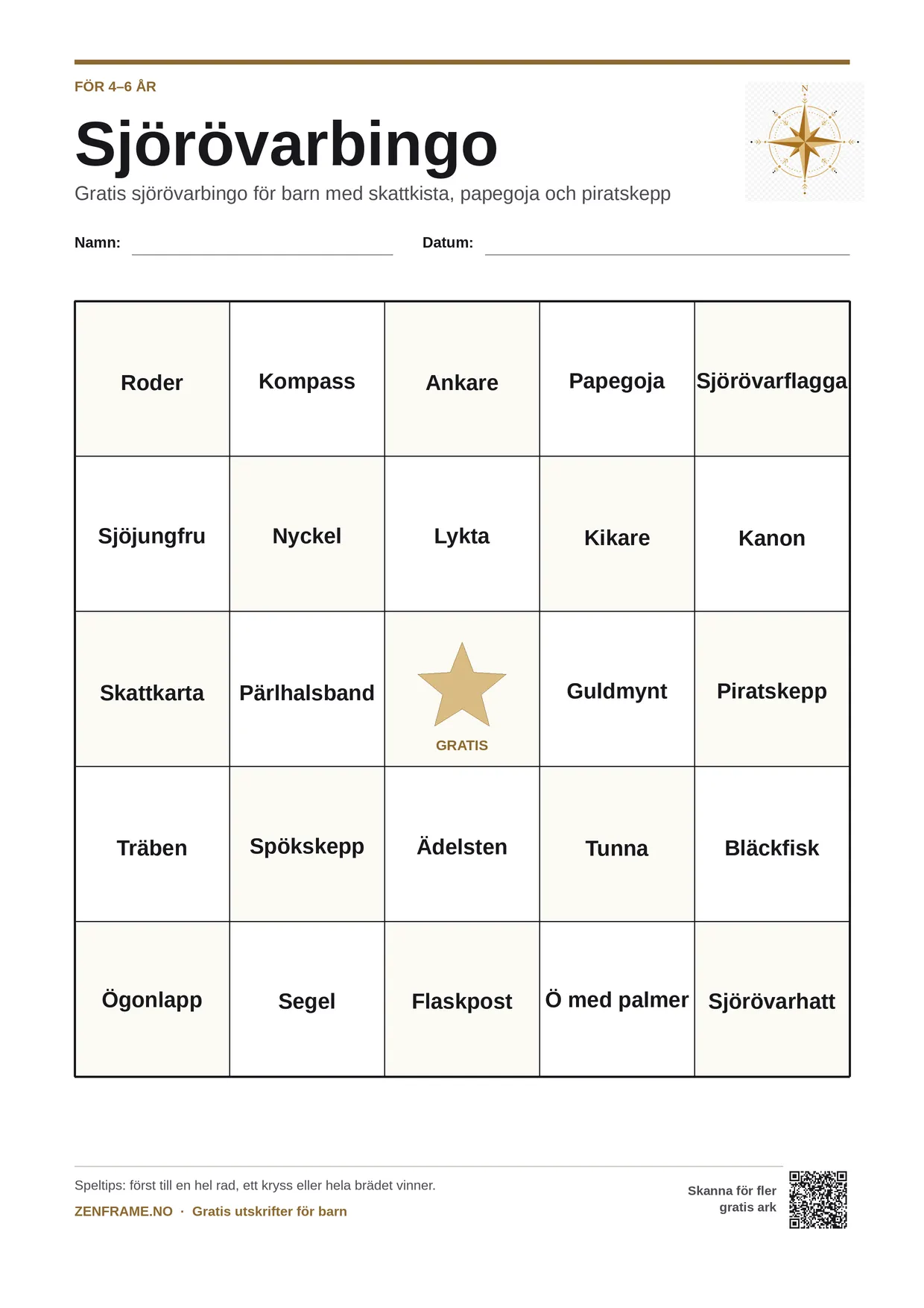 Sjörövarbingo för barn 4–6 år – gratis utskrivbart A4-bräde