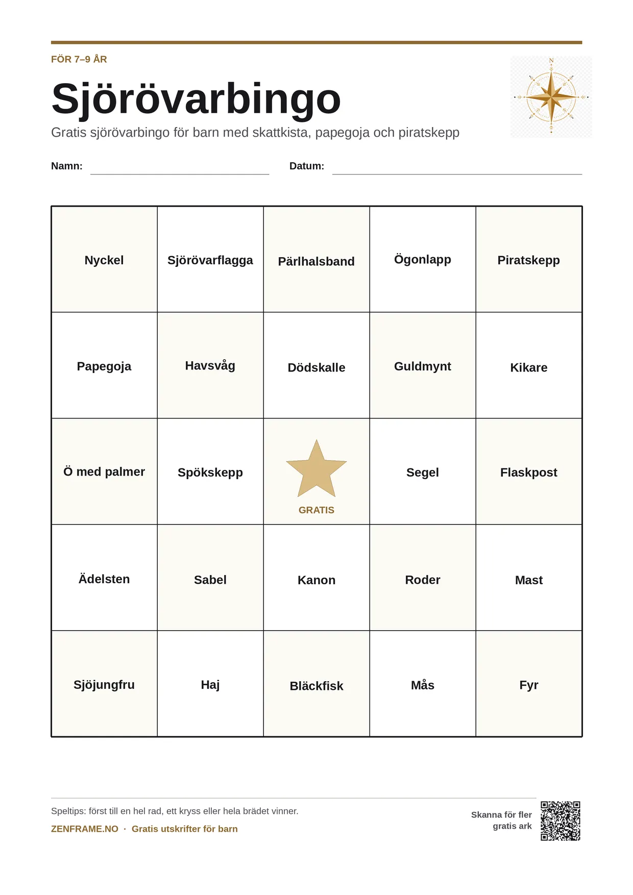 Sjörövarbingo för barn 7–9 år – gratis utskrivbart A4-bräde