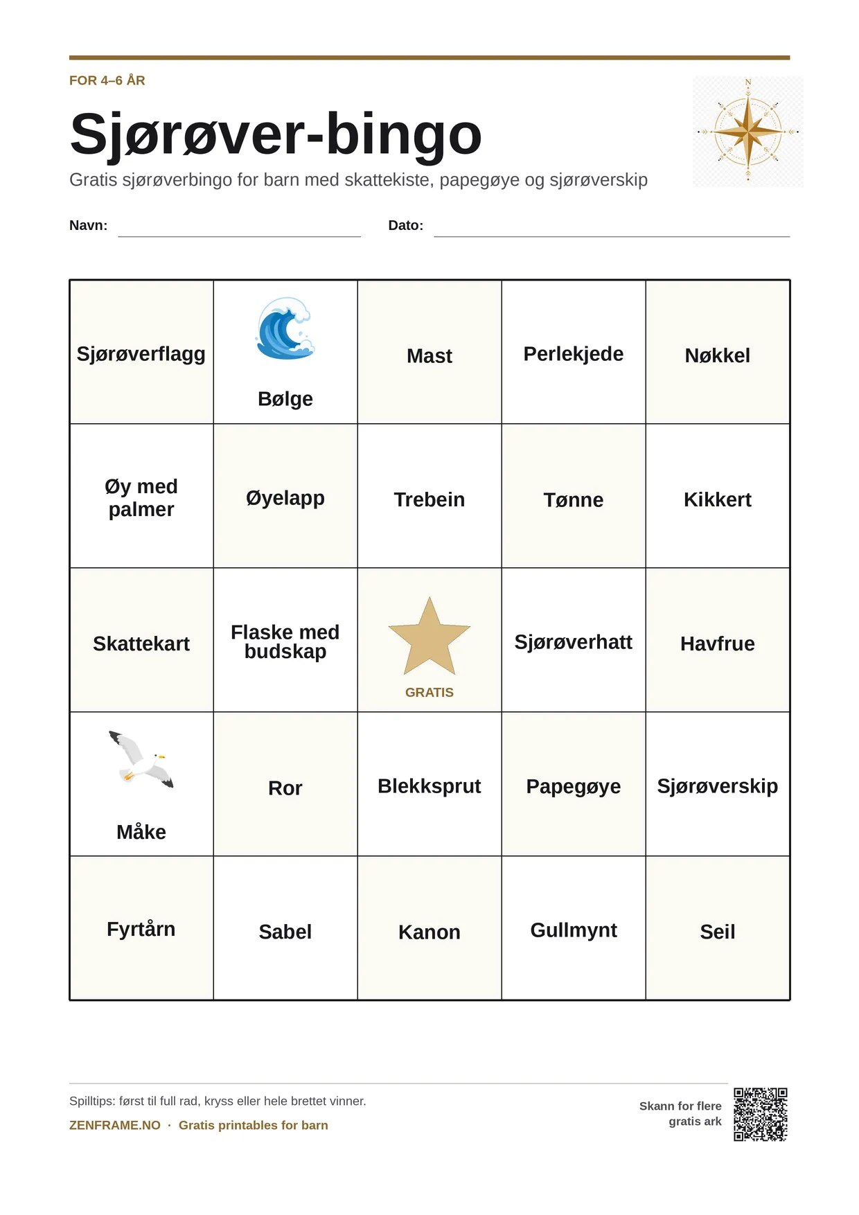 Sjørøver-bingo for barn 4–6 år – gratis utskrivbart A4-brett
