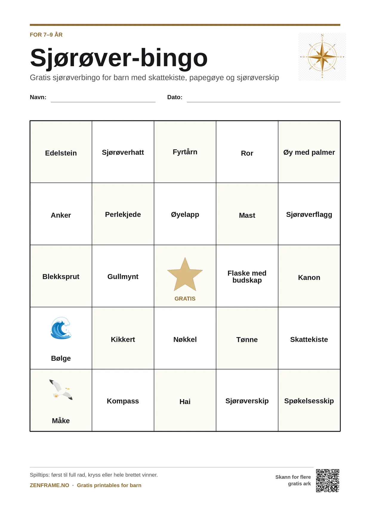 Sjørøver-bingo for barn 7–9 år – gratis utskrivbart A4-brett