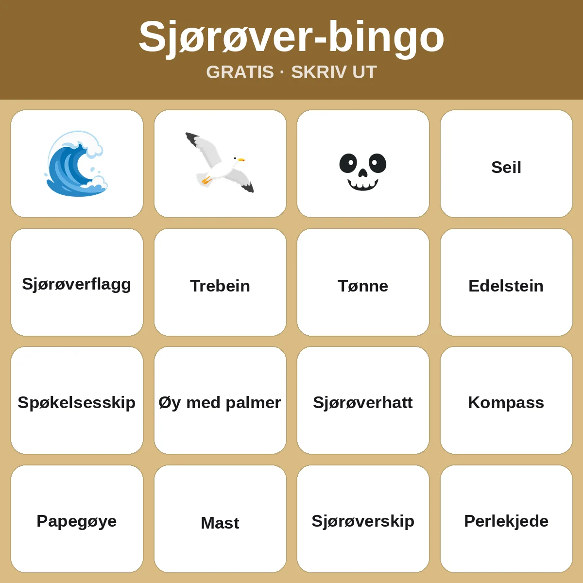Sjørøver-bingo – gratis bingo til utskrift for barn