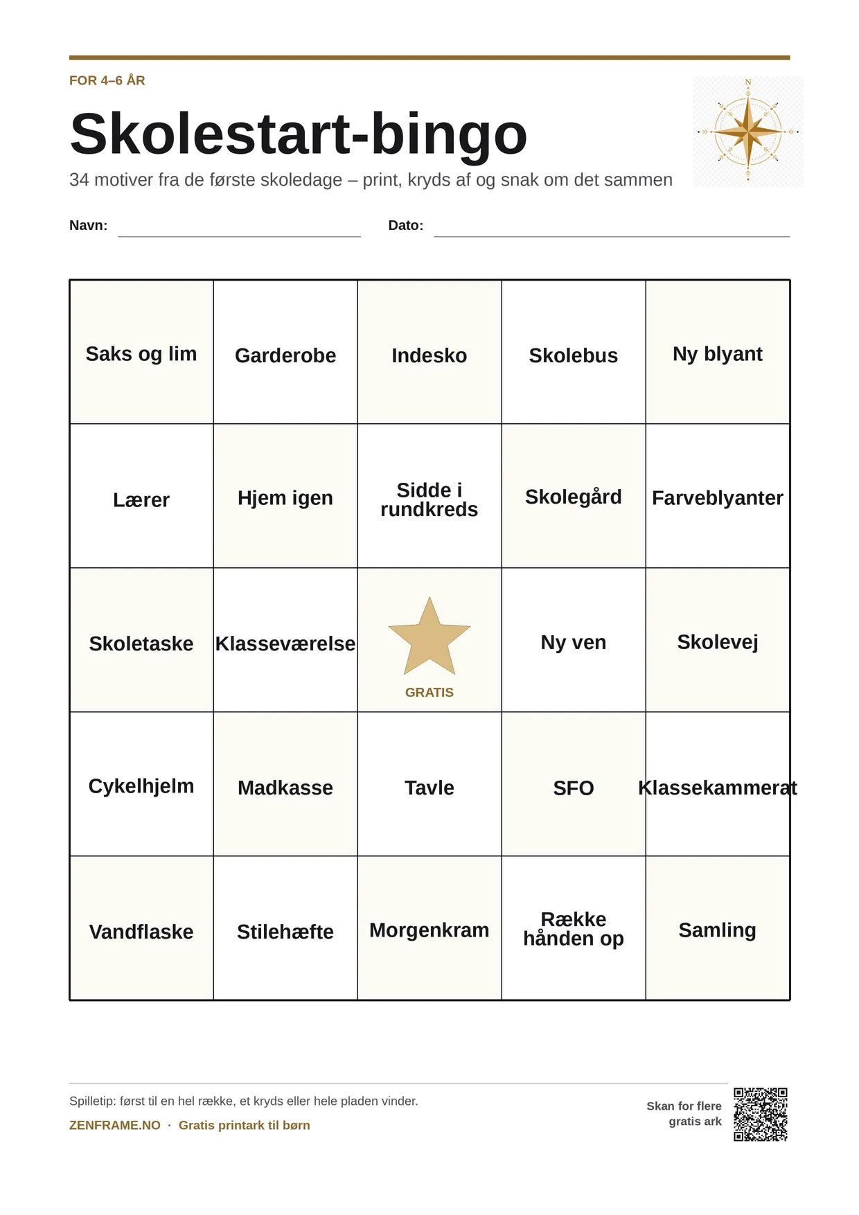 Skolestart-bingo for børn 4–6 år – gratis printbar A4-plade