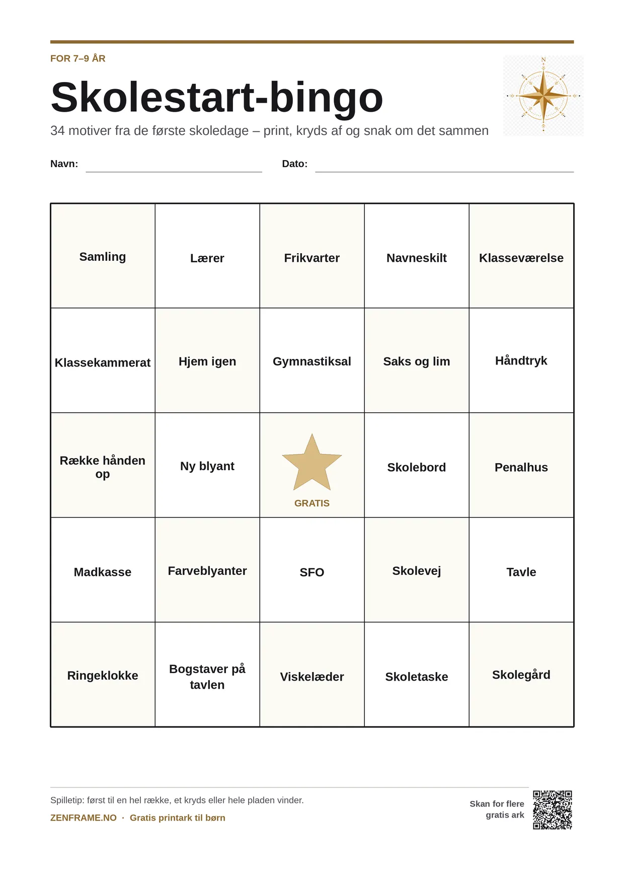 Skolestart-bingo for børn 7–9 år – gratis printbar A4-plade