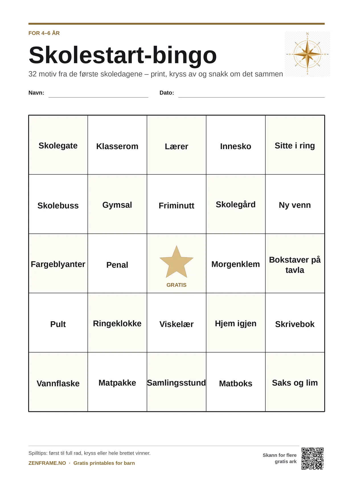 Skolestart-bingo for barn 4–6 år – gratis utskrivbart A4-brett
