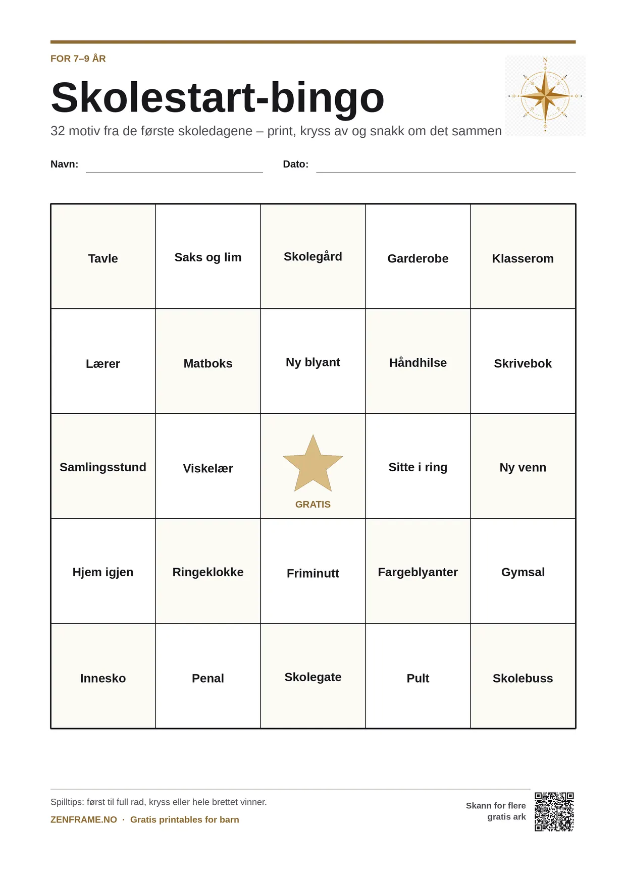 Skolestart-bingo for barn 7–9 år – gratis utskrivbart A4-brett