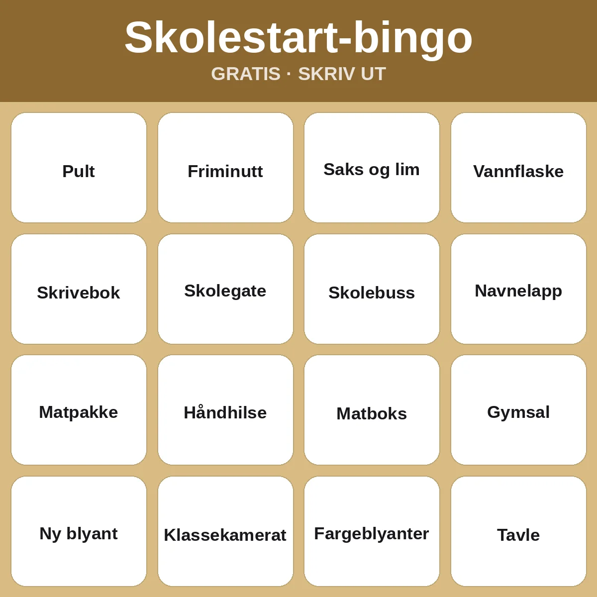 Skolestart-bingo – gratis bingo til utskrift for barn