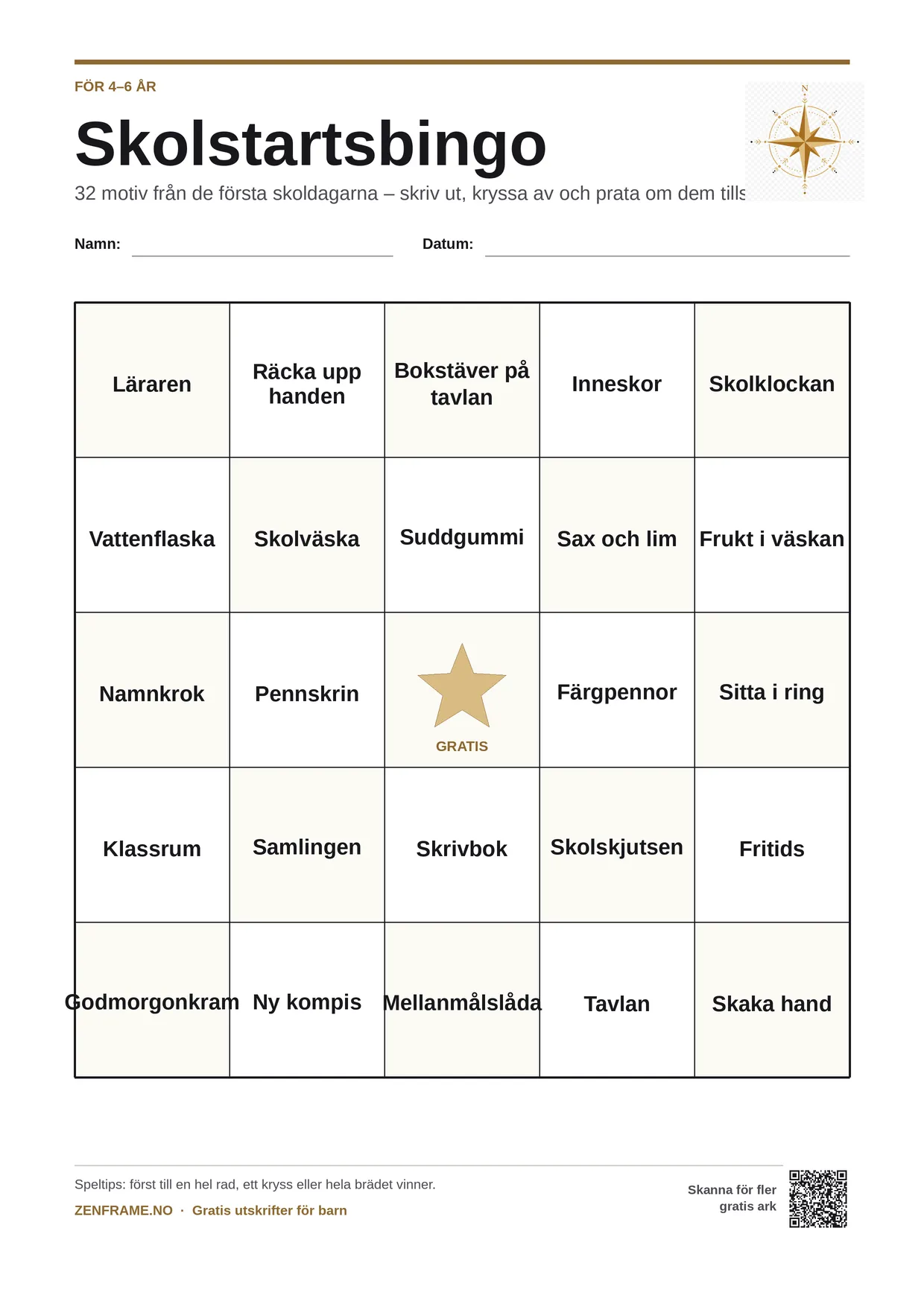 Skolstartsbingo för barn 4–6 år – gratis utskrivbart A4-bräde