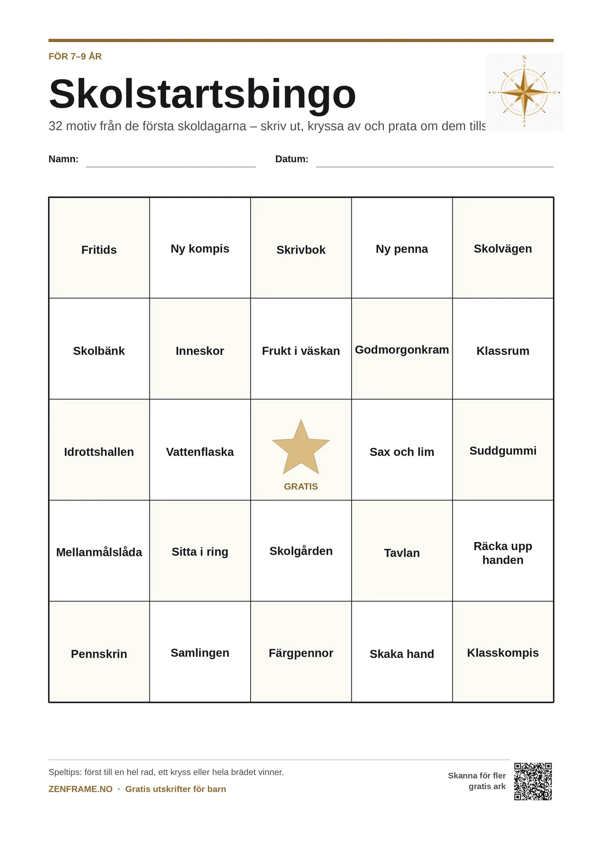 Skolstartsbingo för barn 7–9 år – gratis utskrivbart A4-bräde