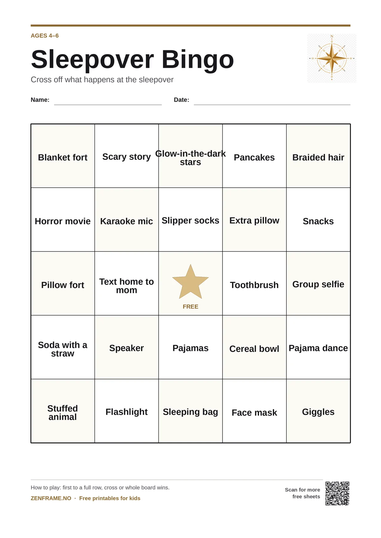 Sleepover Bingo for kids ages 4–6 – free printable A4 board