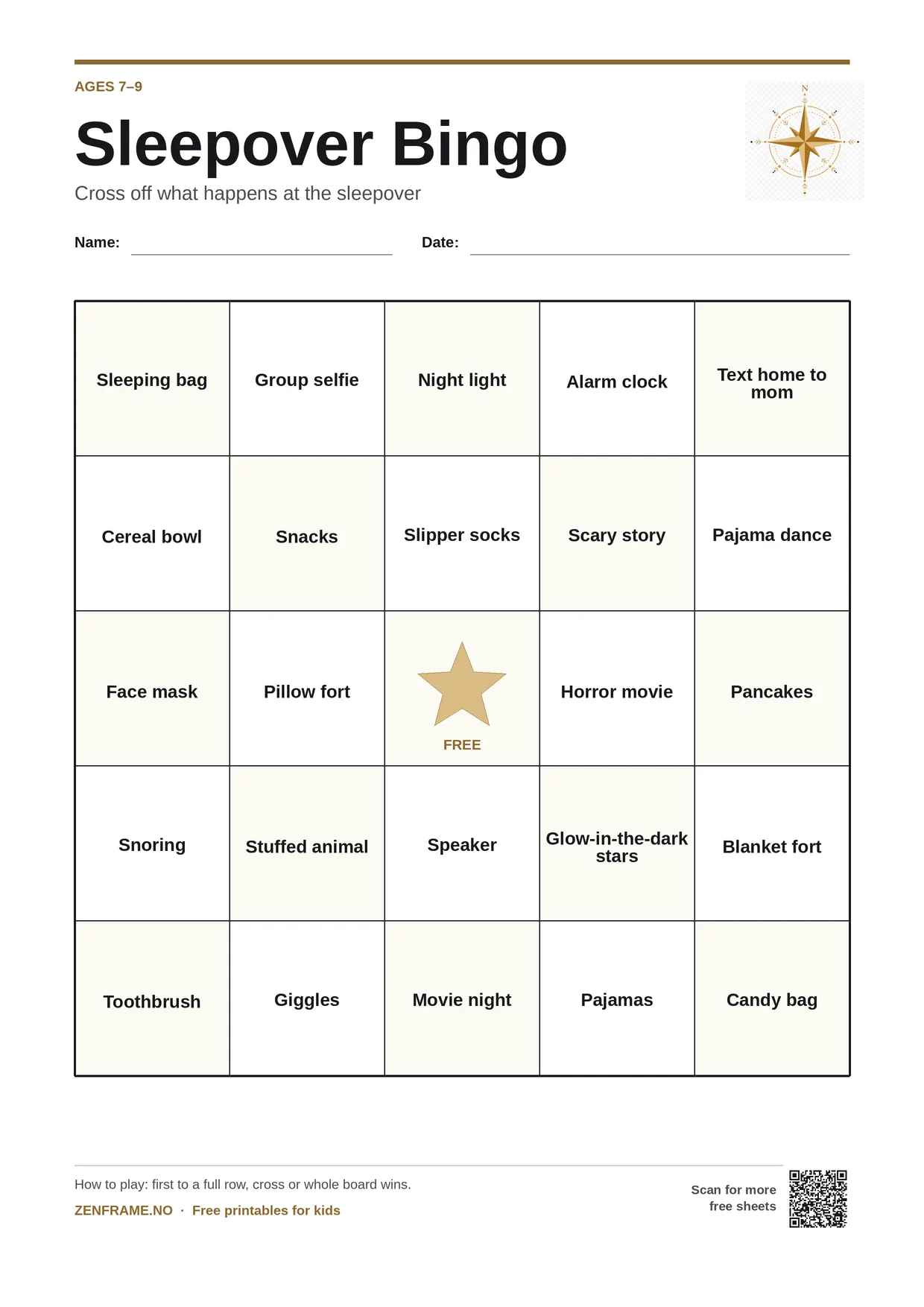 Sleepover Bingo for kids ages 7–9 – free printable A4 board