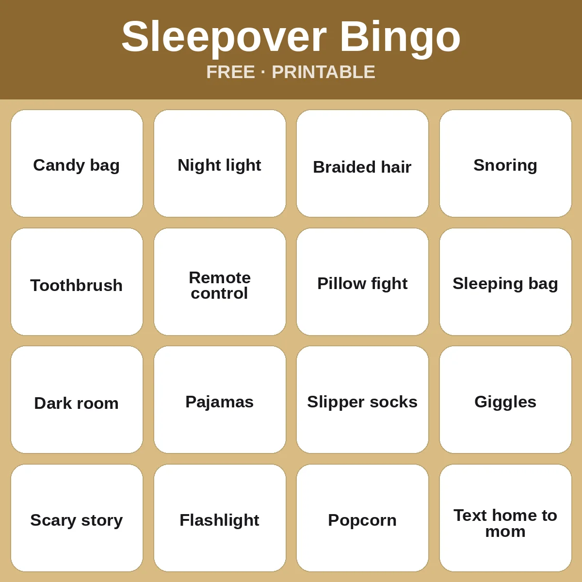 Sleepover Bingo – free printable bingo for kids