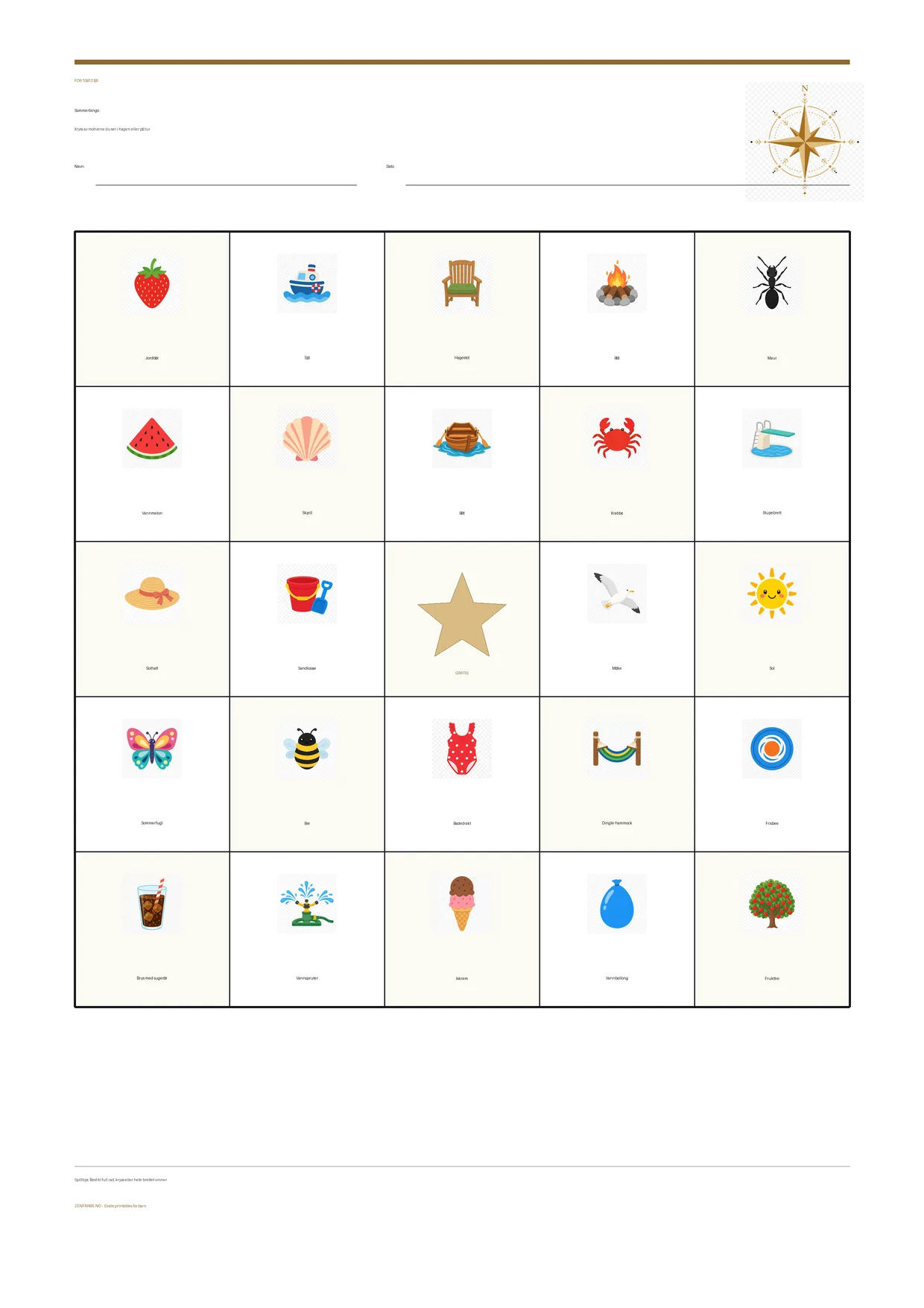 Sommerbingo for barn 10–12 år – gratis utskrivbart A4-brett