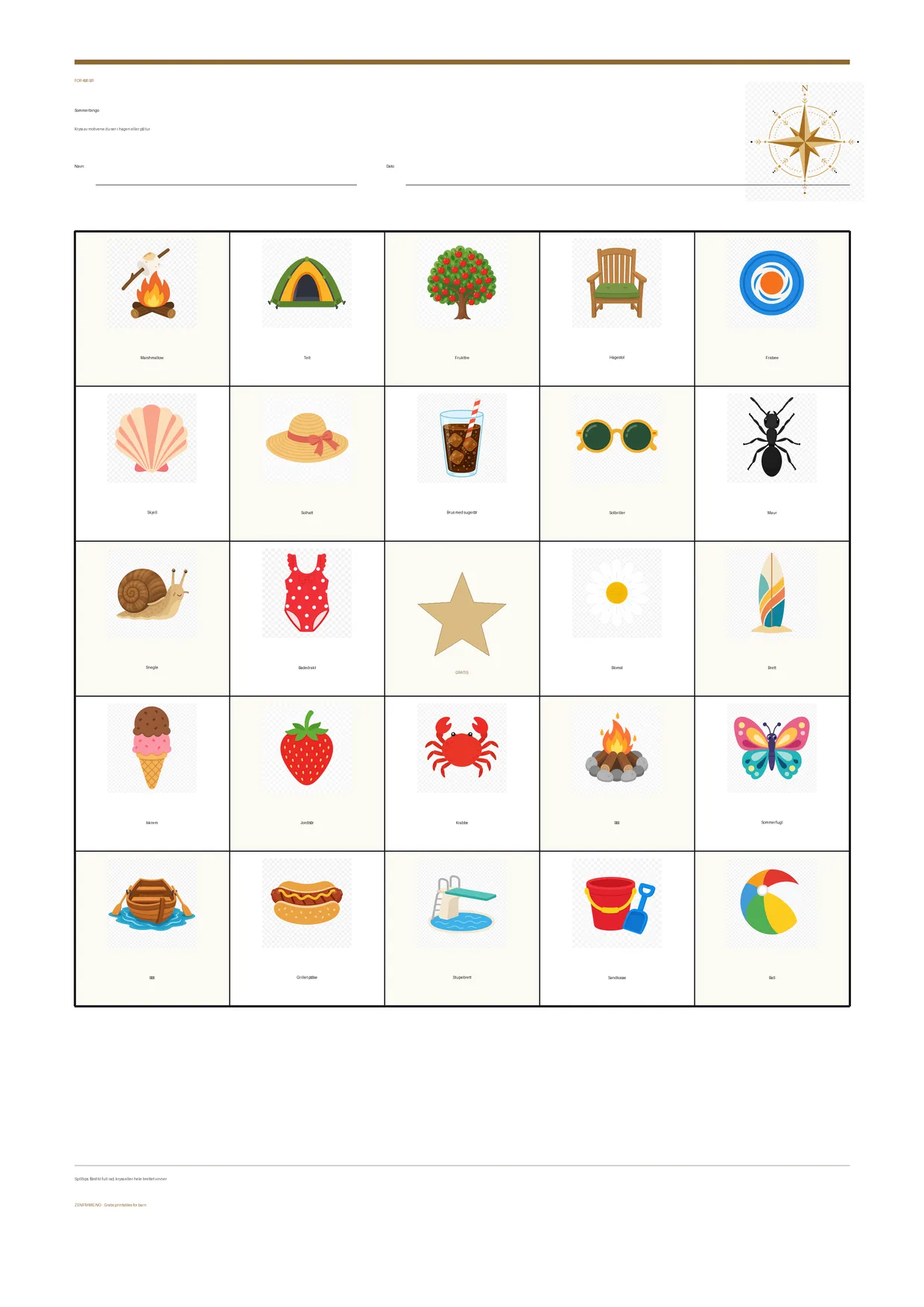 Sommerbingo for barn 4–6 år – gratis utskrivbart A4-brett
