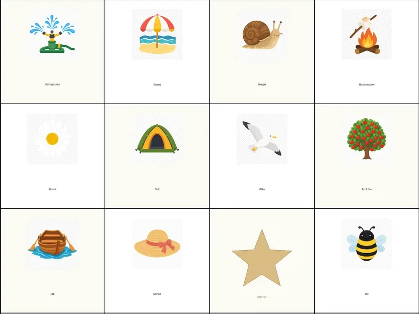 Sommerbingo for barn 7–9 år – nærbilde av rutene med motiver