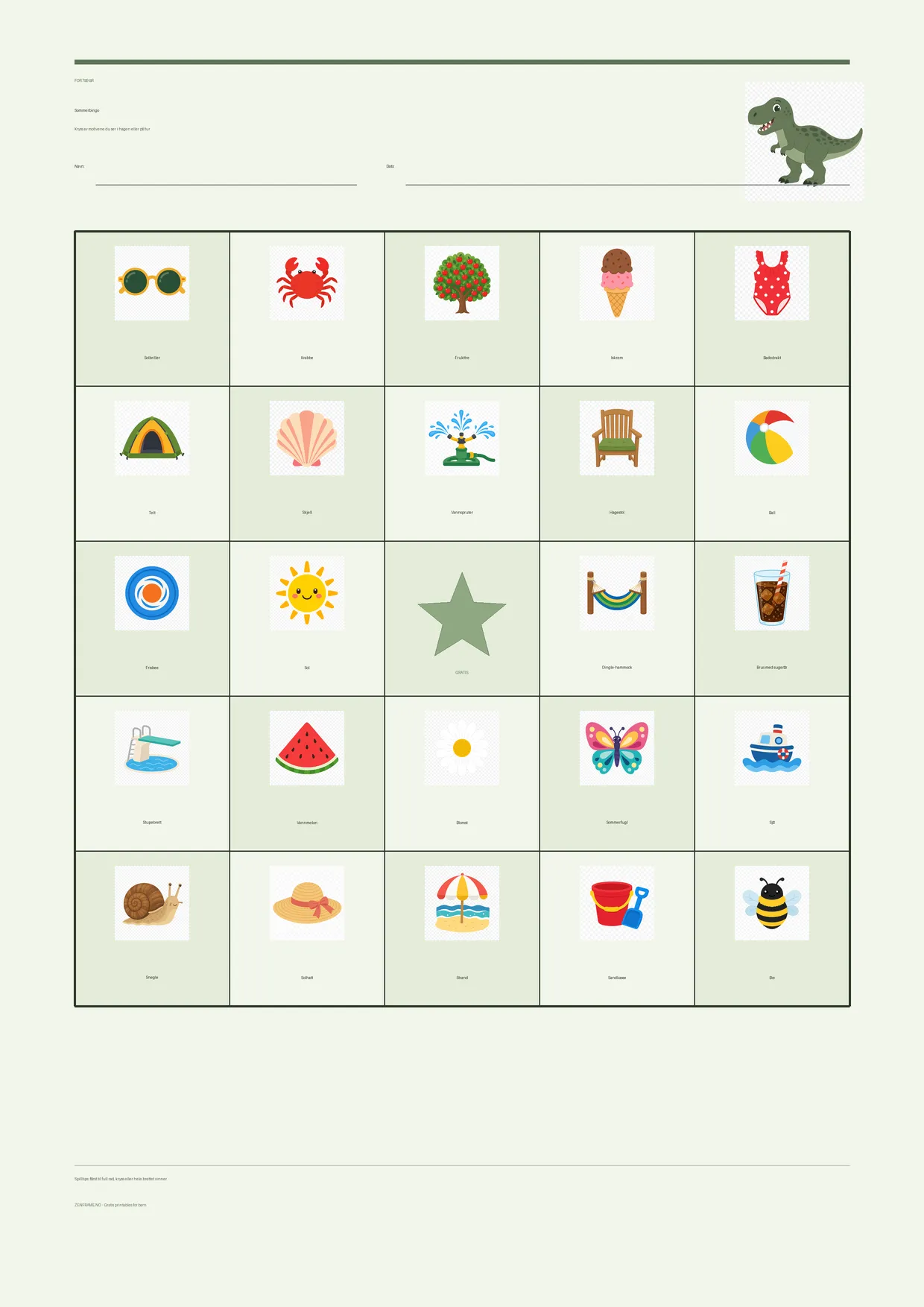 Sommerbingo for barn 7–9 år – Dinosaur-tema – gratis utskrivbart A4-brett