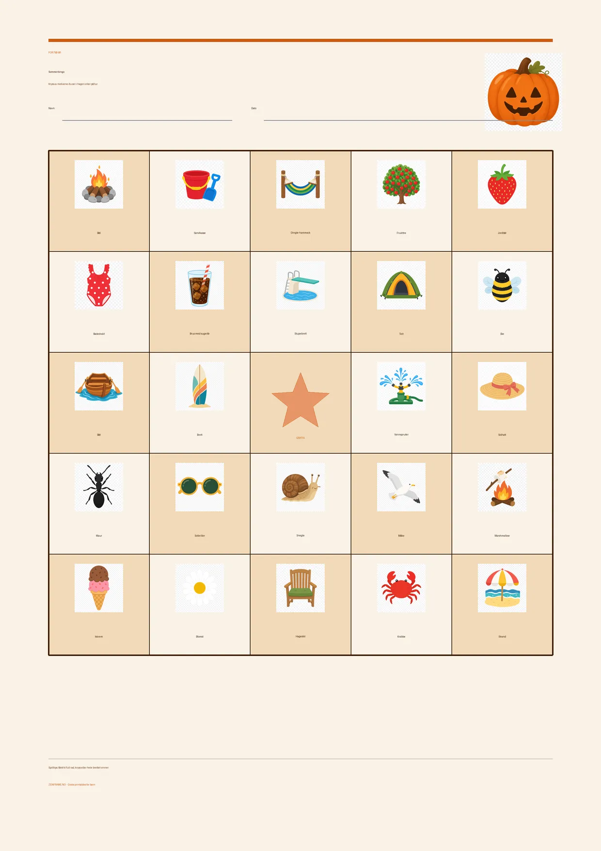 Sommerbingo for barn 7–9 år – Halloween-tema – gratis utskrivbart A4-brett