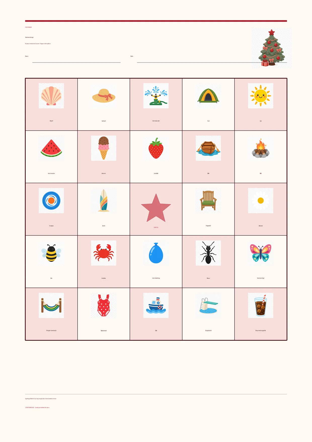 Sommerbingo for barn 7–9 år – Jul-tema – gratis utskrivbart A4-brett