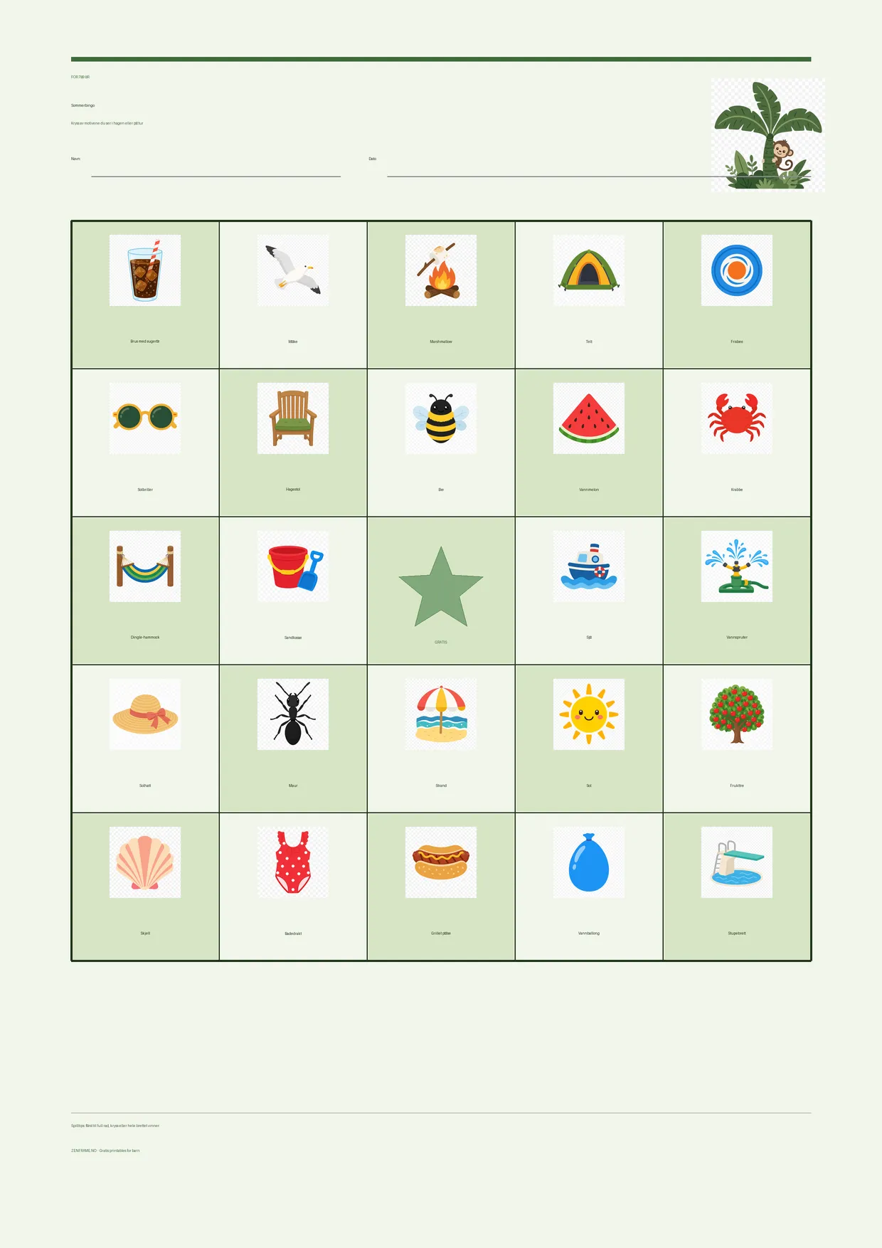 Sommerbingo for barn 7–9 år – Jungel-tema – gratis utskrivbart A4-brett