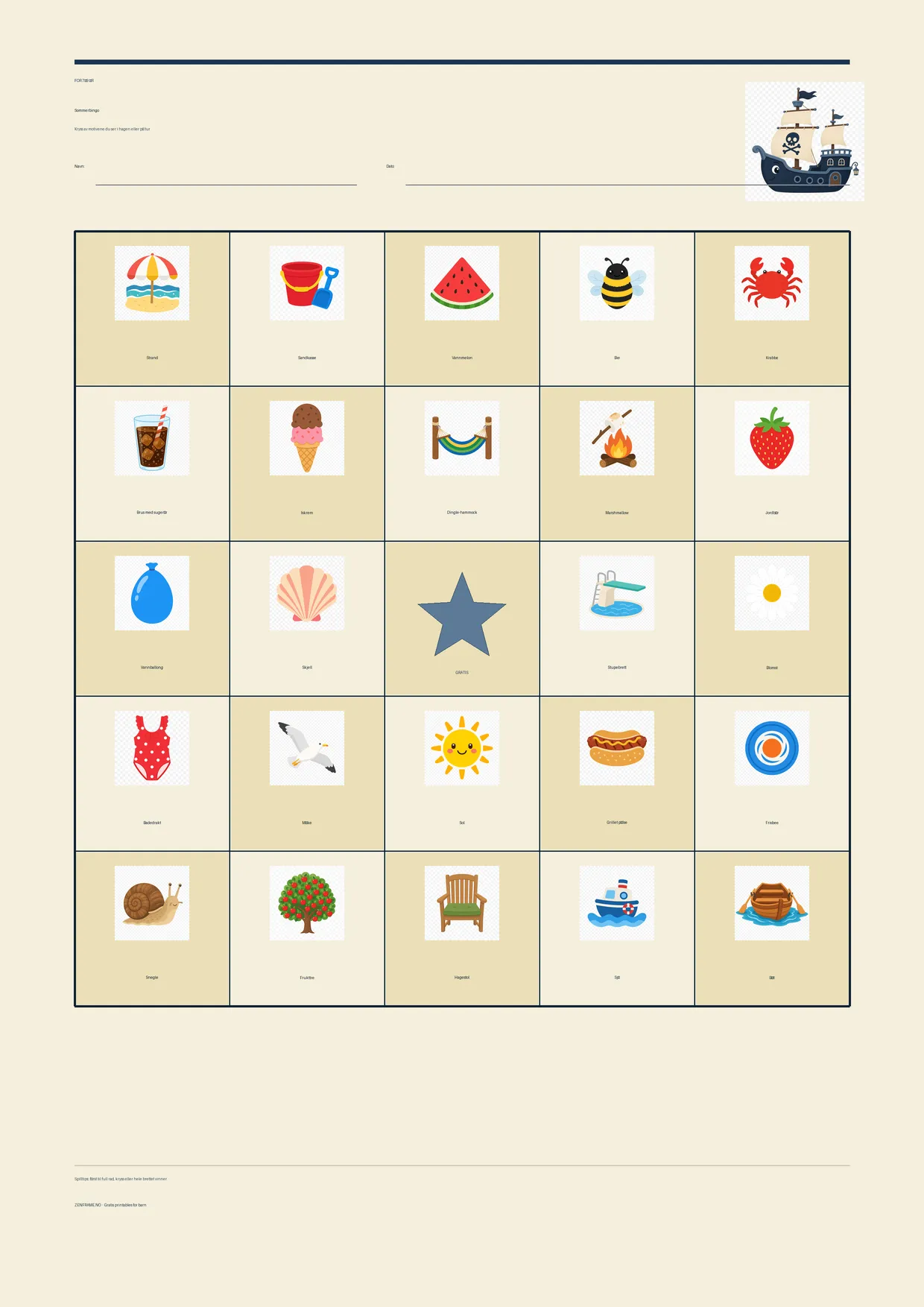 Sommerbingo for barn 7–9 år – Pirat-tema – gratis utskrivbart A4-brett