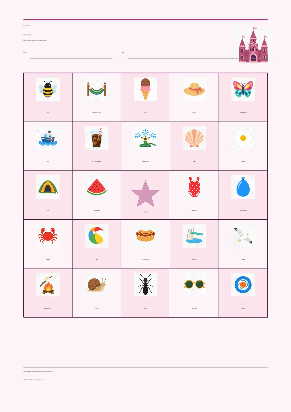 Sommerbingo for barn 7–9 år – Prinsesse-tema – gratis utskrivbart A4-brett