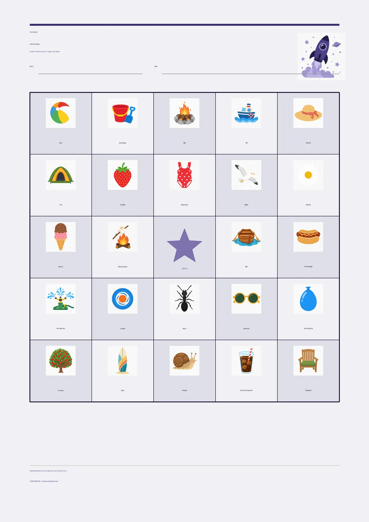 Sommerbingo for barn 7–9 år – Romfart-tema – gratis utskrivbart A4-brett