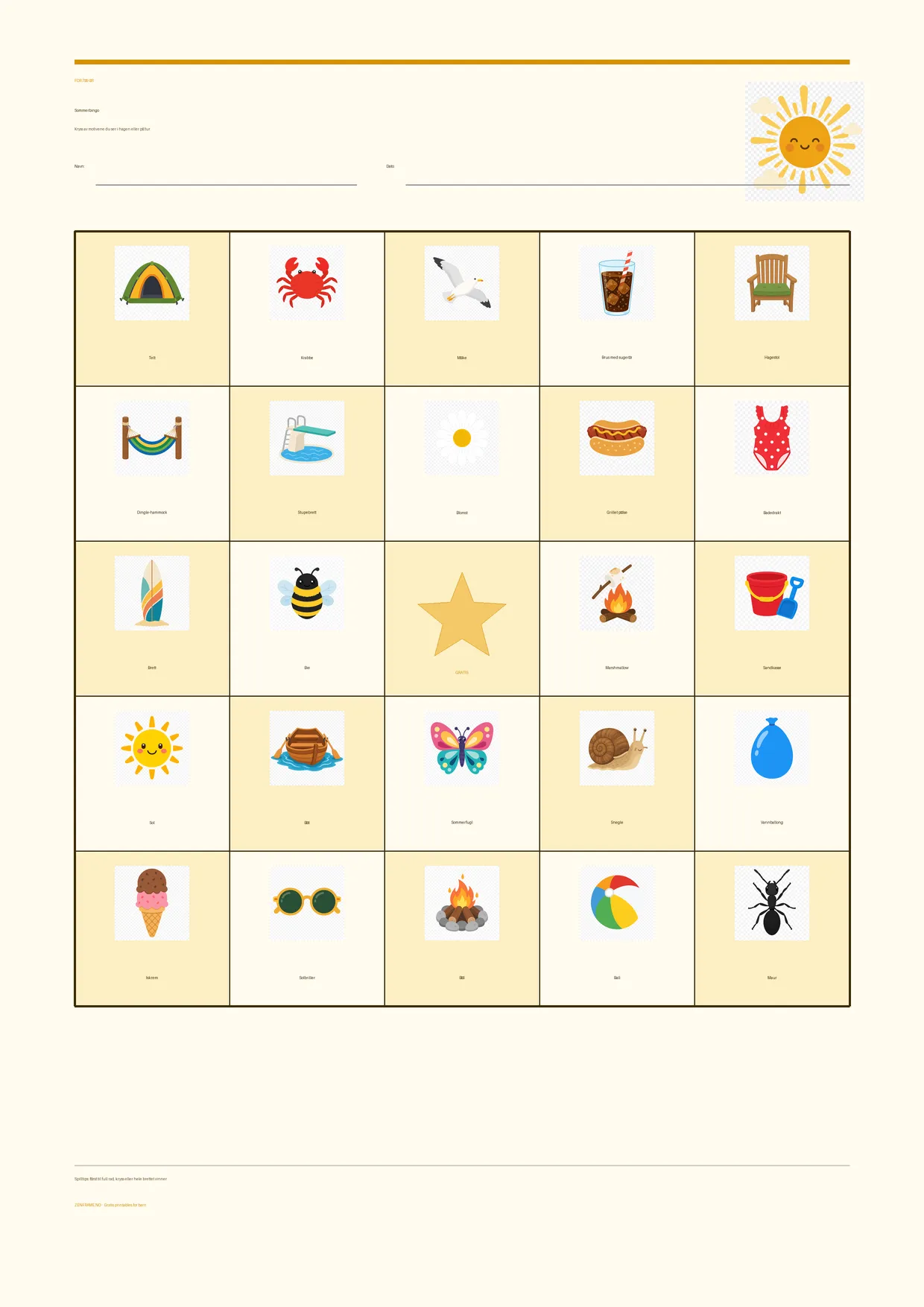 Sommerbingo for barn 7–9 år – Sommer-tema – gratis utskrivbart A4-brett