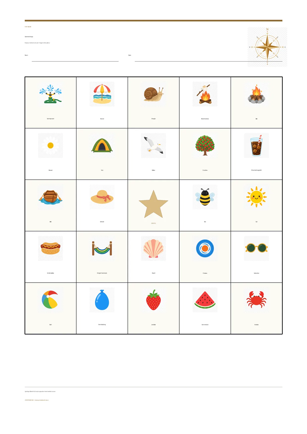 Sommerbingo for barn 7–9 år – gratis utskrivbart A4-brett