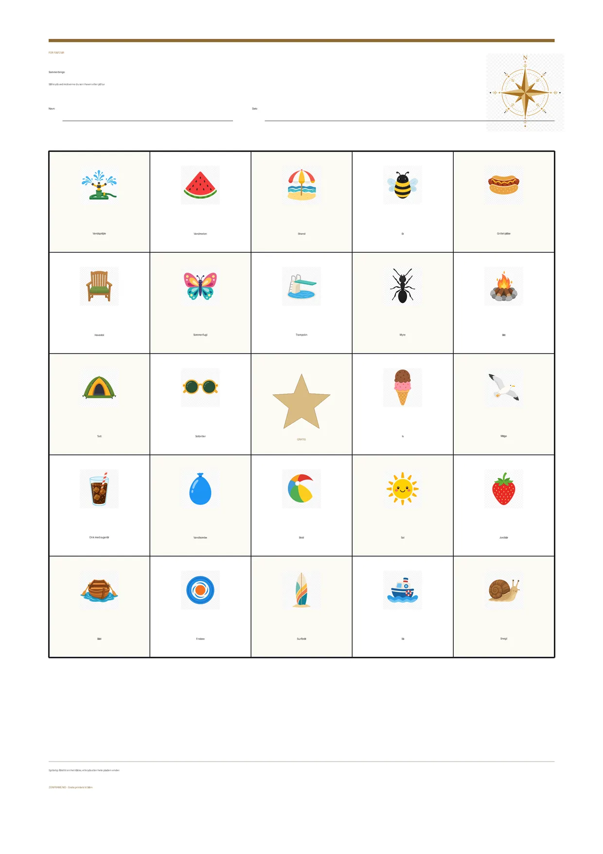 Sommerbingo for børn 10–12 år – gratis printbar A4-plade
