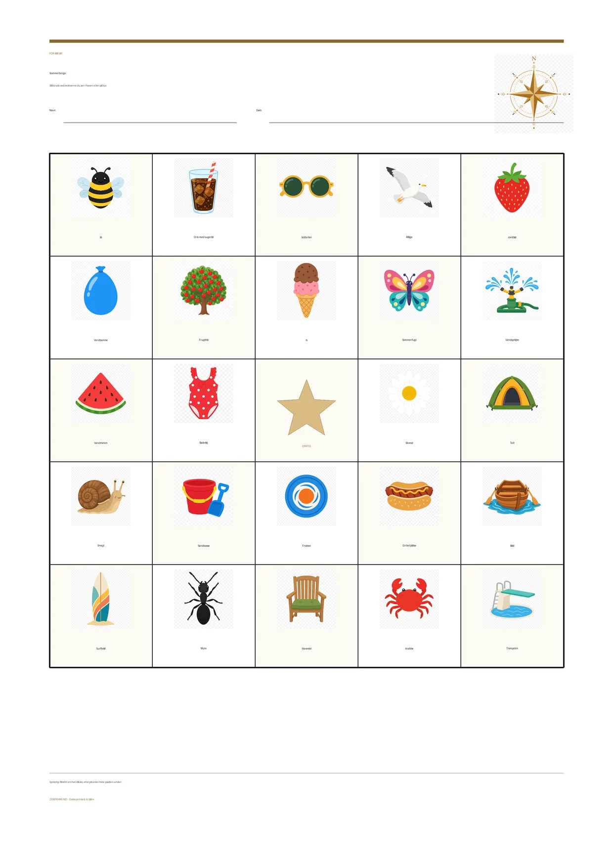 Sommerbingo for børn 4–6 år – gratis printbar A4-plade