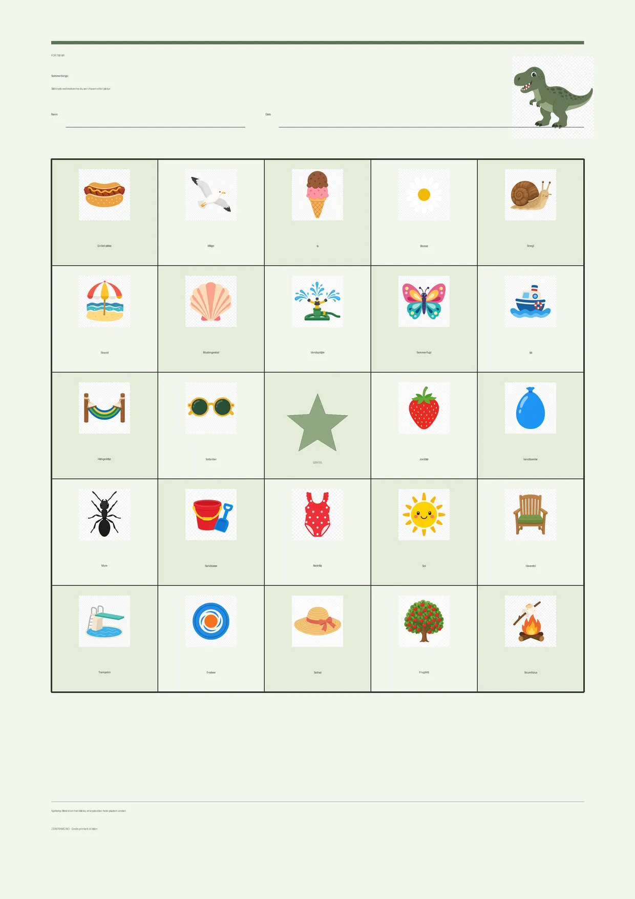 Sommerbingo for børn 7–9 år – Dinosaur-tema – gratis printbar A4-plade