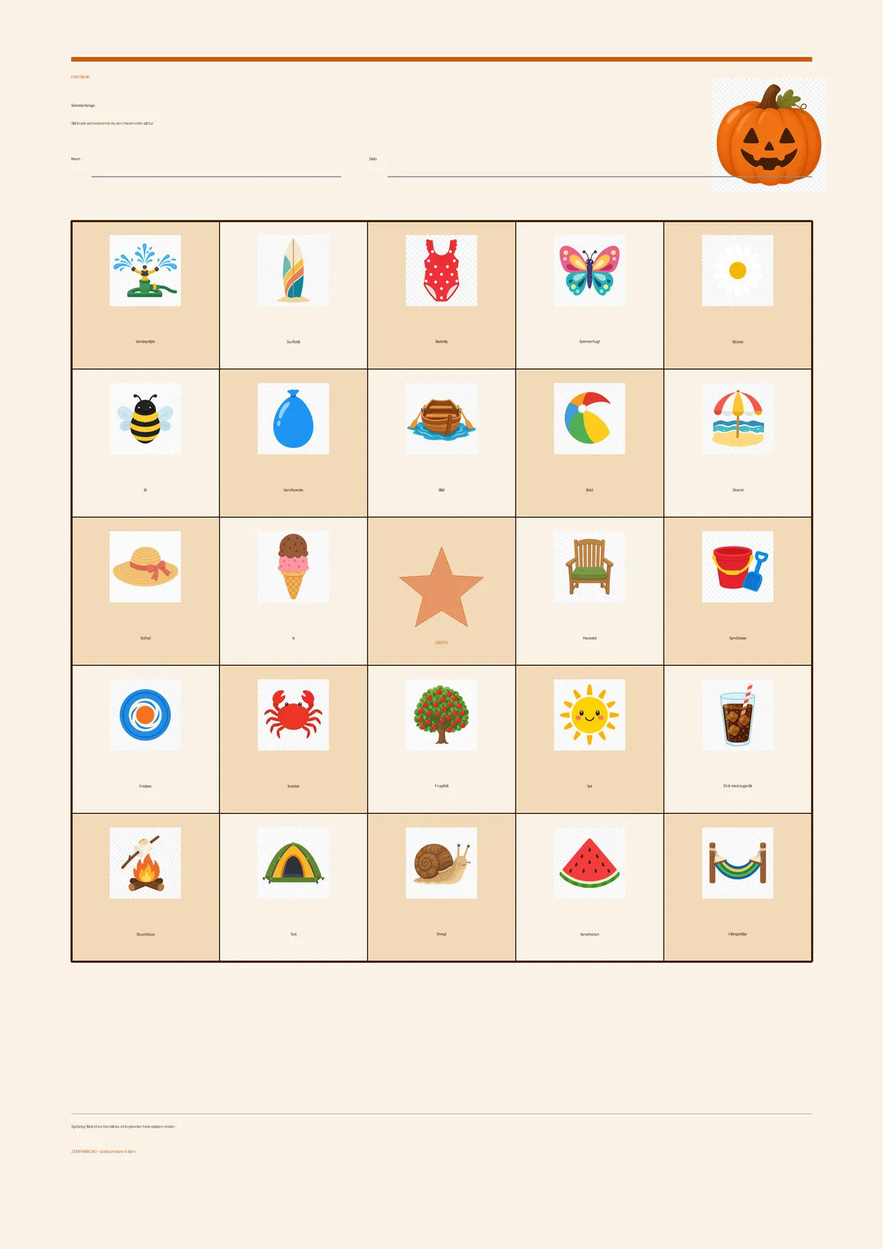 Sommerbingo for børn 7–9 år – Halloween-tema – gratis printbar A4-plade