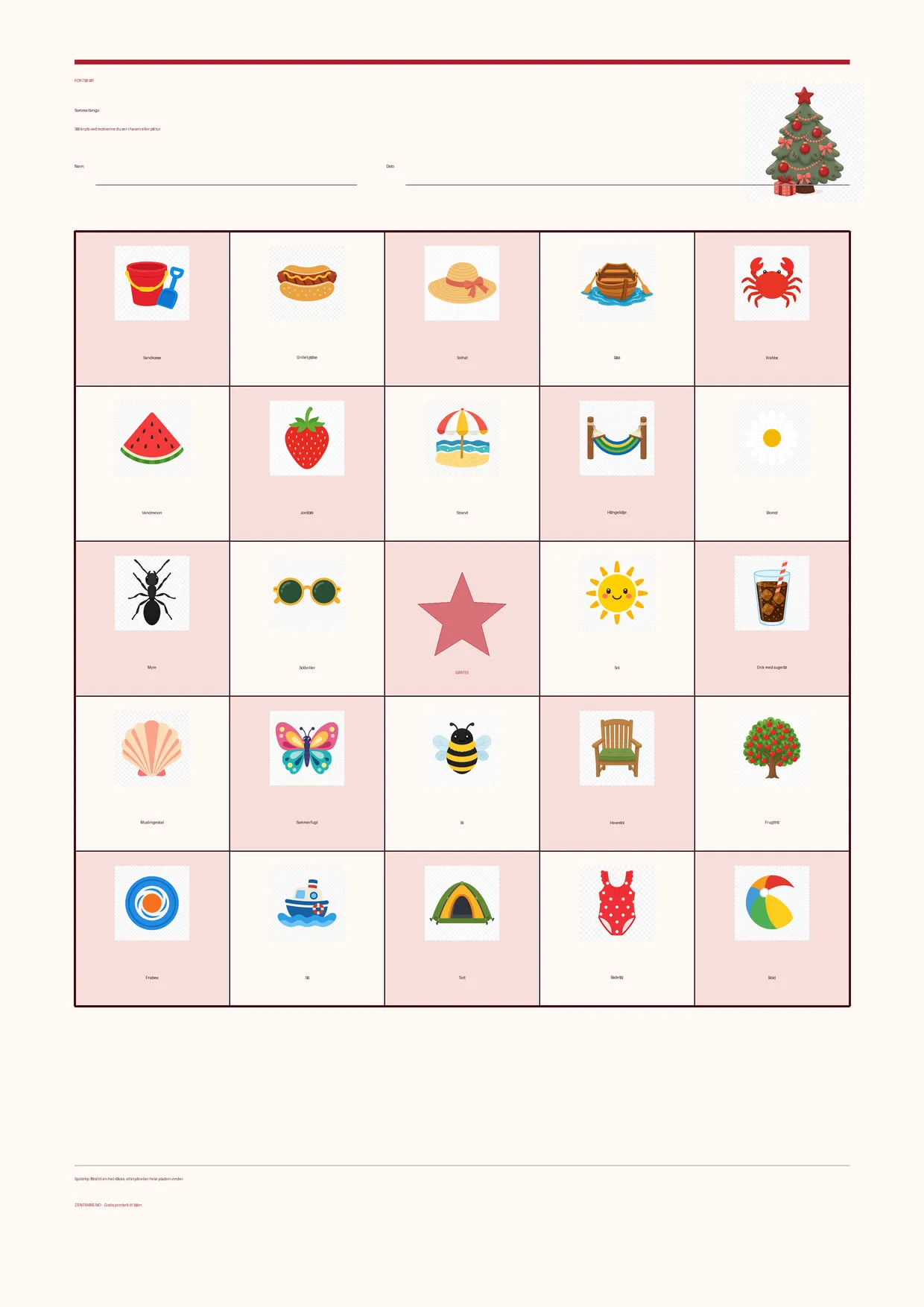 Sommerbingo for børn 7–9 år – Jul-tema – gratis printbar A4-plade