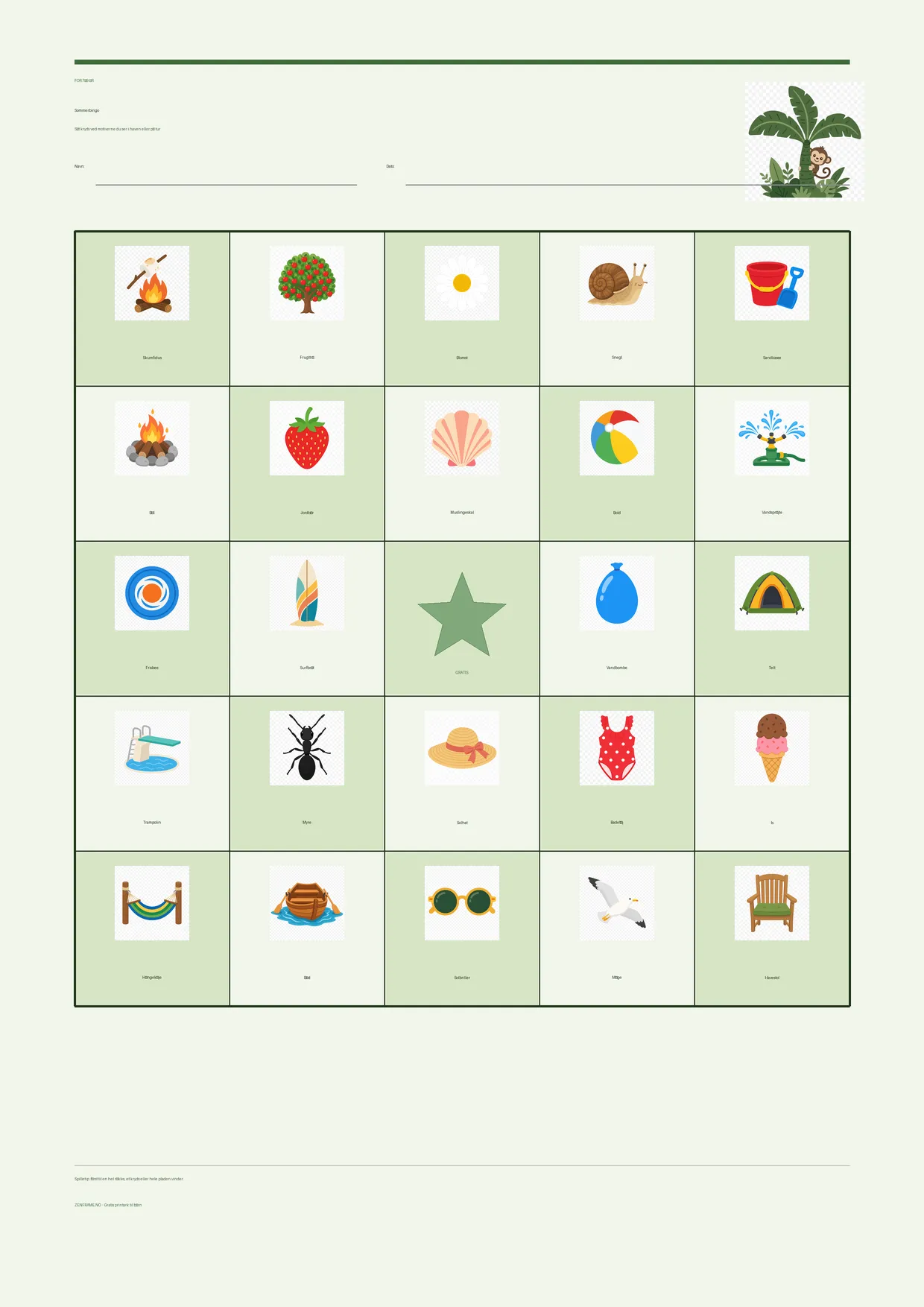 Sommerbingo for børn 7–9 år – Jungle-tema – gratis printbar A4-plade