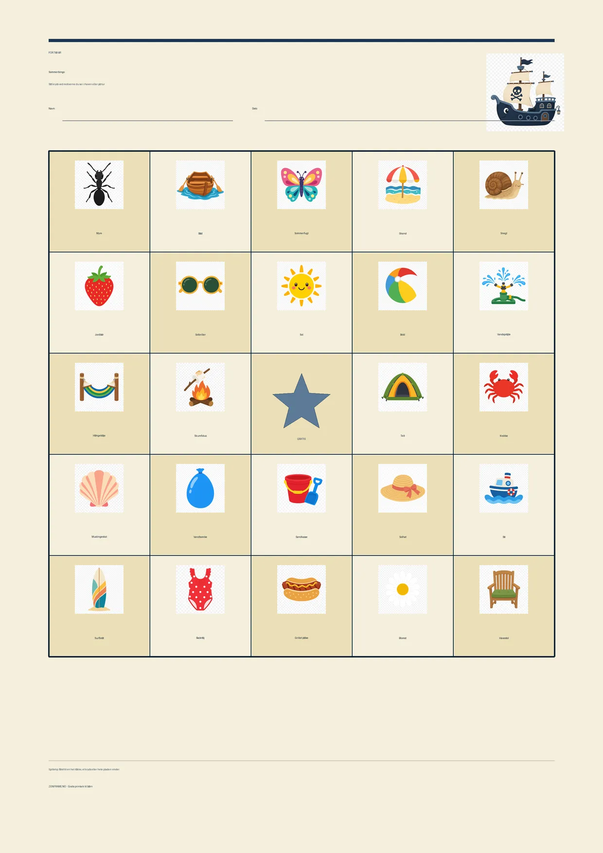 Sommerbingo for børn 7–9 år – Pirat-tema – gratis printbar A4-plade
