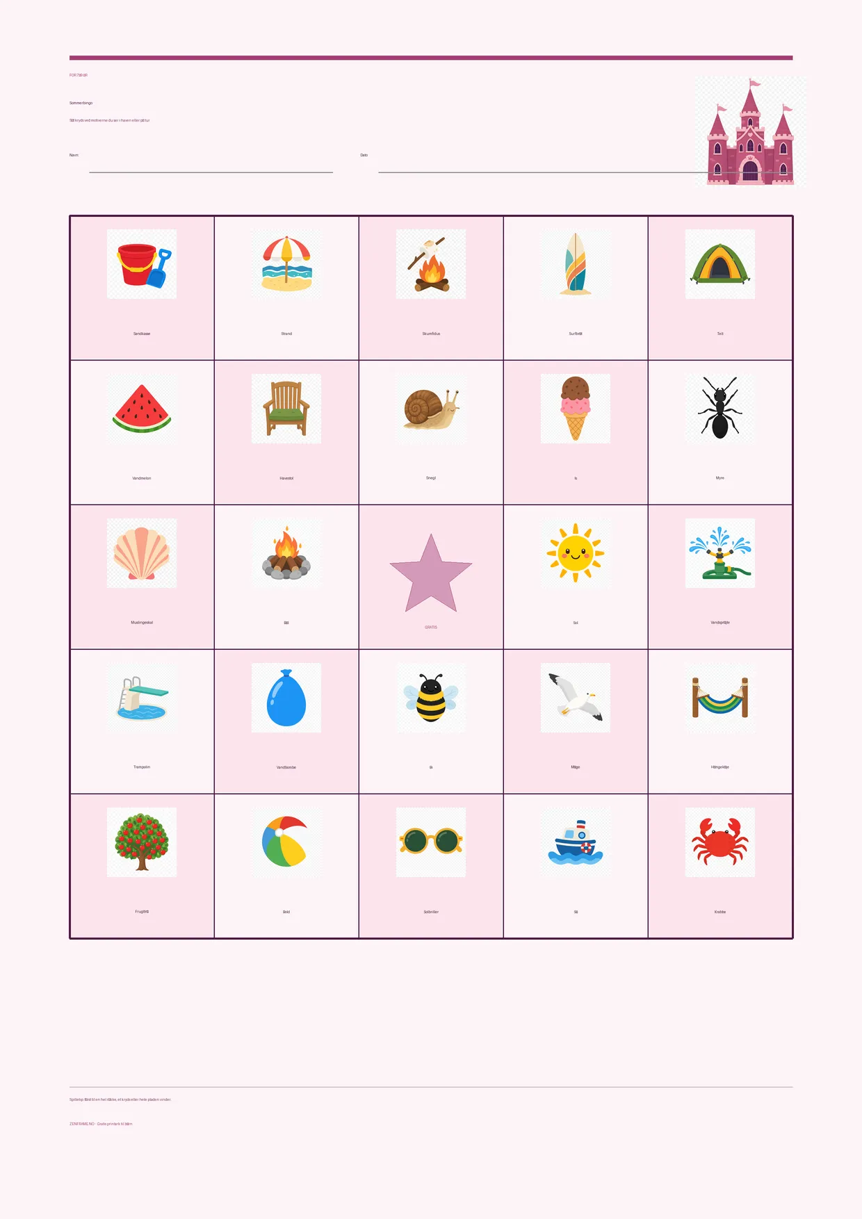 Sommerbingo for børn 7–9 år – Prinsesse-tema – gratis printbar A4-plade
