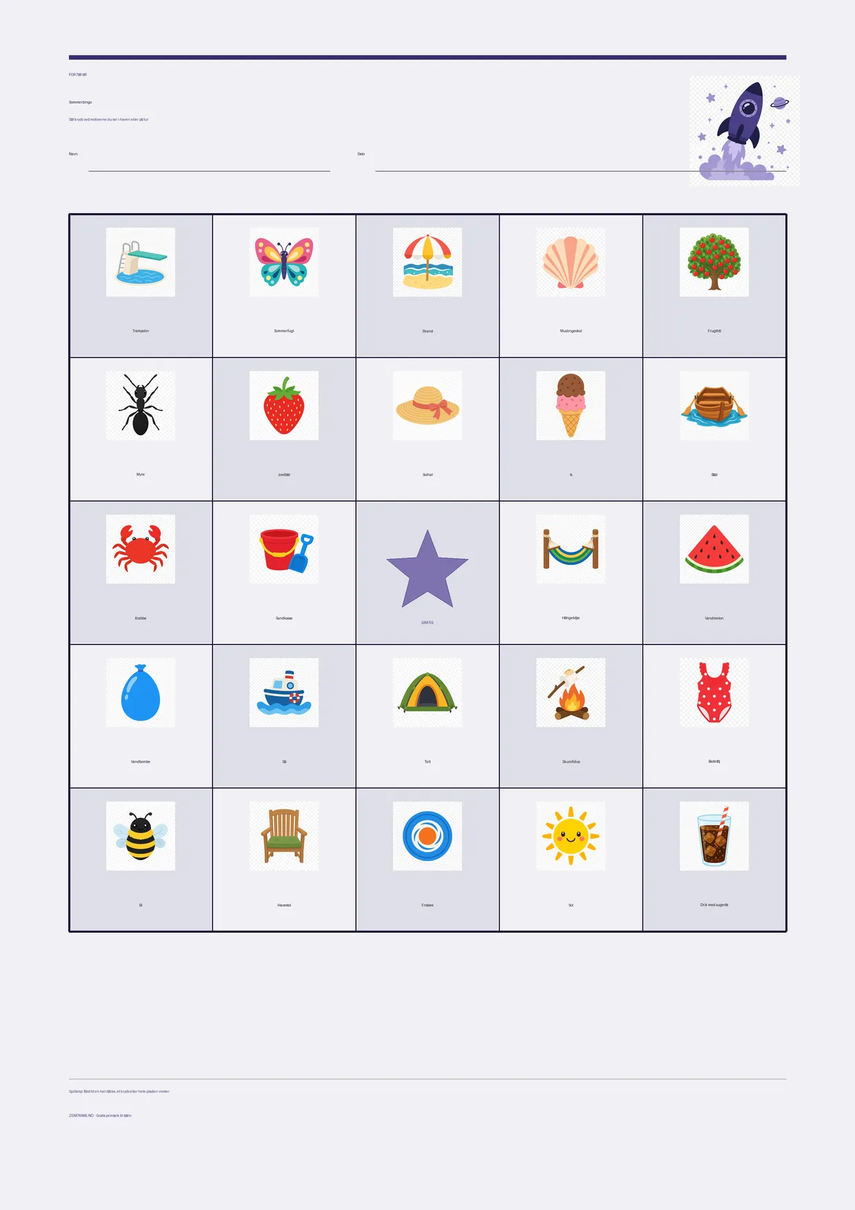 Sommerbingo for børn 7–9 år – Rummet-tema – gratis printbar A4-plade