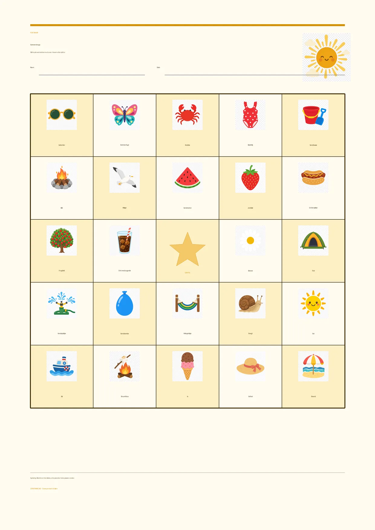 Sommerbingo for børn 7–9 år – Sommer-tema – gratis printbar A4-plade