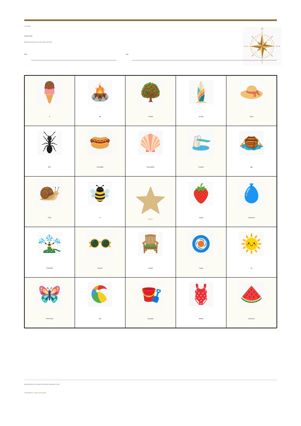 Sommerbingo for børn 7–9 år – gratis printbar A4-plade