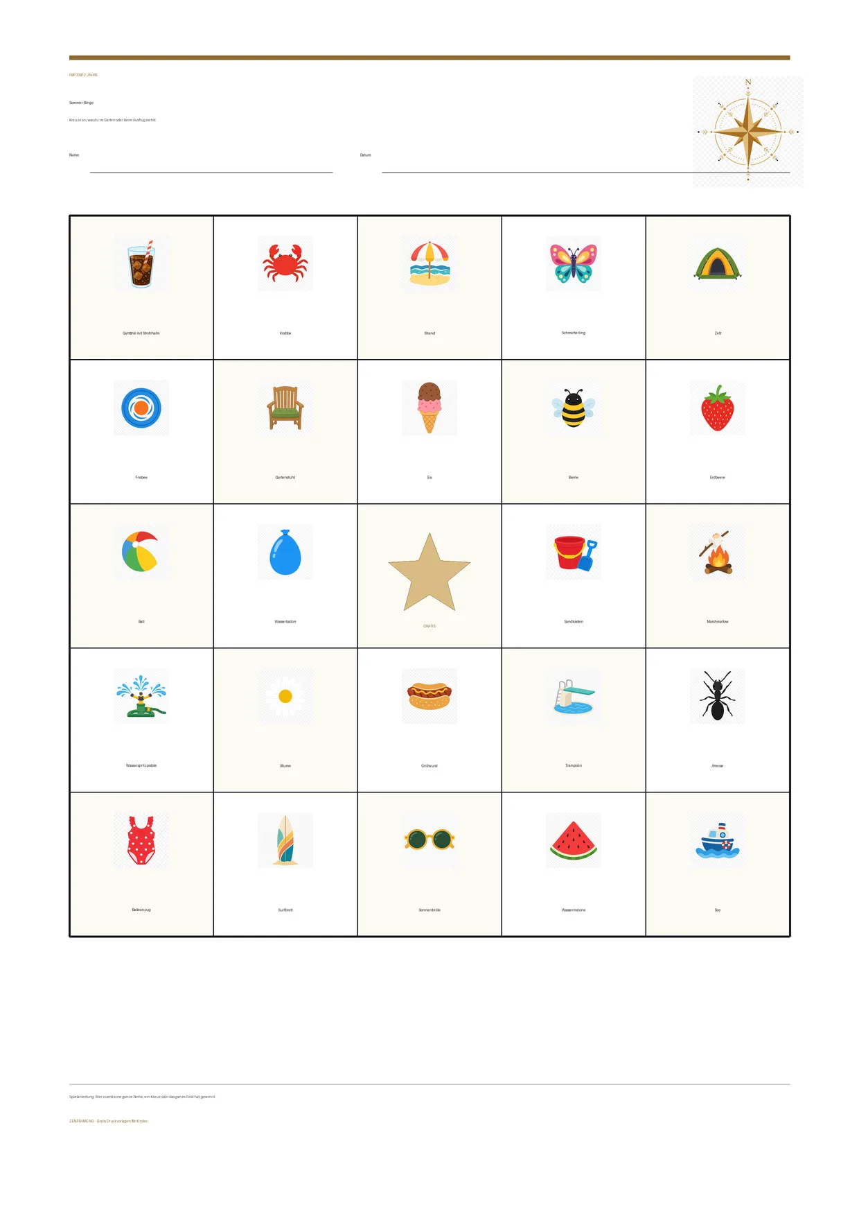 Sommer-Bingo für Kinder 10–12 Jahre – kostenlose A4-Vorlage zum Ausdrucken