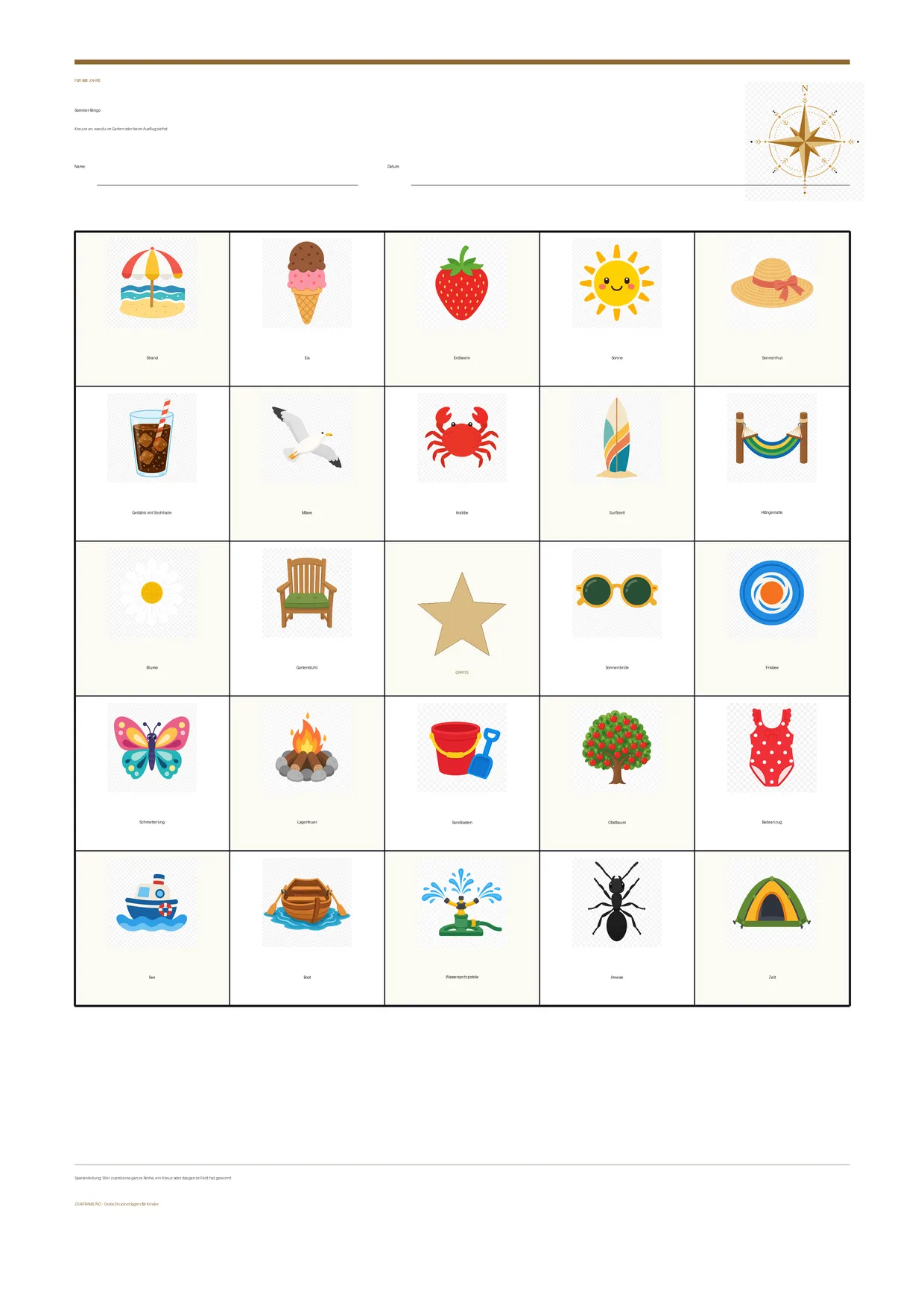Sommer-Bingo für Kinder 4–6 Jahre – kostenlose A4-Vorlage zum Ausdrucken