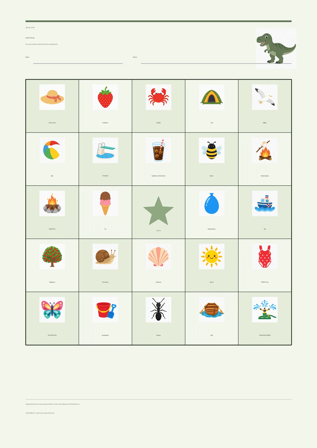 Sommer-Bingo für Kinder 7–9 Jahre – Dinosaurier-Design – kostenlose A4-Vorlage zum Ausdrucken